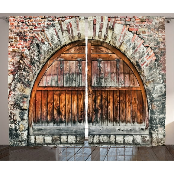 Ambesonne Rustic Curtains 2 Panel Set, Old Brick Stone Oval Door, 108" x 84", Brown and Grey