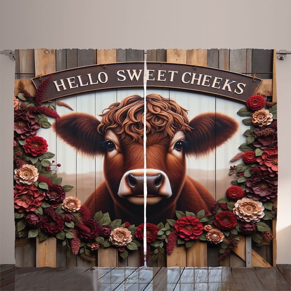 Ambesonne Rustic Curtains 2 Panel Set, Vintage Cottagecore Art Cow, 108" x 90", Redbrown Maroon Taupe