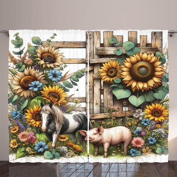 Ambesonne Rustic Curtains 2 Panel Set, Vintage Farm Pig and Horse, 108" x 84", Mustard Green Taupe