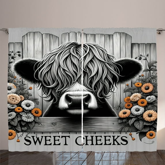 Ambesonne Rustic Curtains 2 Panel Set, Vintage Farmhouse Cow Cheeks, 108" x 63", Grey Black and Orange