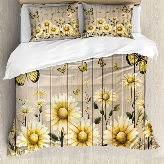 Ambesonne Rustic Duvet Cover Set, Cottagecore Sunflower Vibes, Calking, Dark Green and Yellow