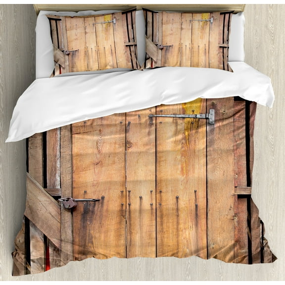 Ambesonne Rustic Duvet Cover Set, Dated Door Barn House, Calking, Chocolate