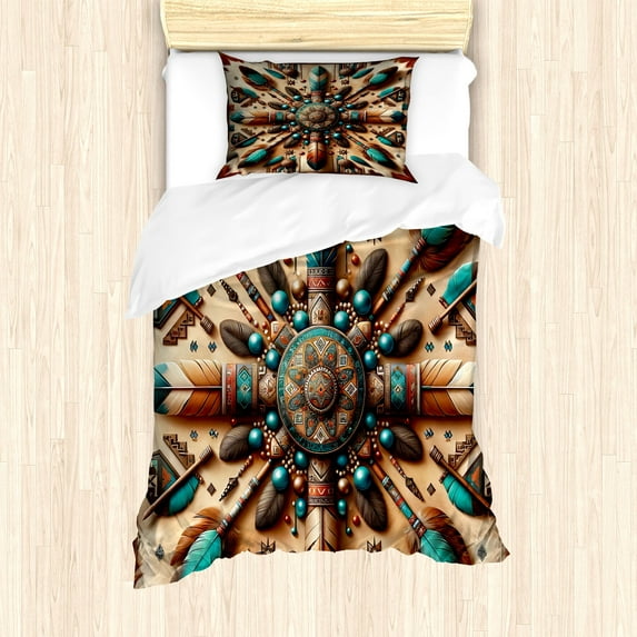 Ambesonne Rustic Duvet Cover Set, Ethnic Southwestern Feathers, Twin, Redwood and Dark Turquoise