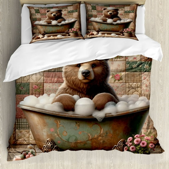 Ambesonne Rustic Duvet Cover Set, Farmhouse Grizzly Bear Bath, King, Chocolate Rose Green