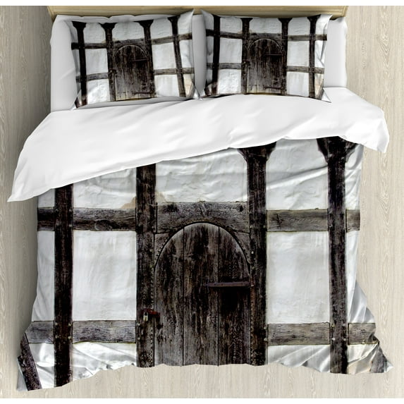 Ambesonne Rustic Duvet Cover Set, Grunge Farmhouse Door, 2-Calking, Charcoal White