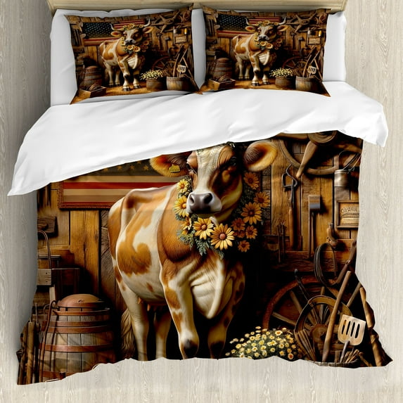 Ambesonne Rustic Duvet Cover Set, Grunge Old Glory Barn Cow, King, Amber and Caramel