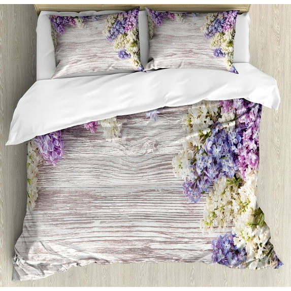 Ambesonne Rustic Duvet Cover Set, Lilac Flowers Bouquet, 2-Calking, Lilac Violet Dark Taupe
