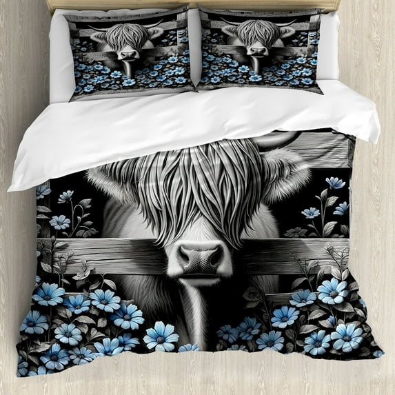 Ambesonne Rustic Duvet Cover Set, Monochrome Farmhouse Cow, King, Grey Black and Blue