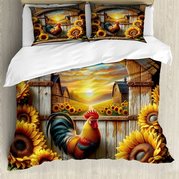 Ambesonne Rustic Duvet Cover Set, Sunset Rooster Sunflowers, Queen, Earth Yellow and Caramel