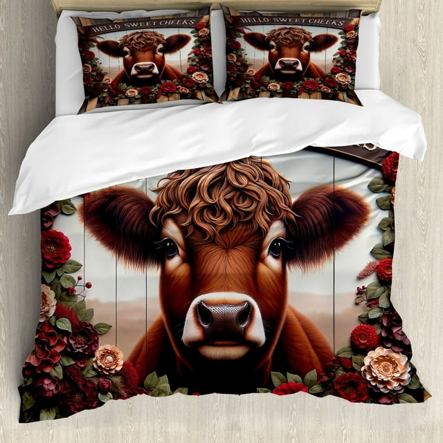 Ambesonne Rustic Duvet Cover Set, Vintage Cottagecore Art Cow, Calking, Redbrown Maroon Taupe