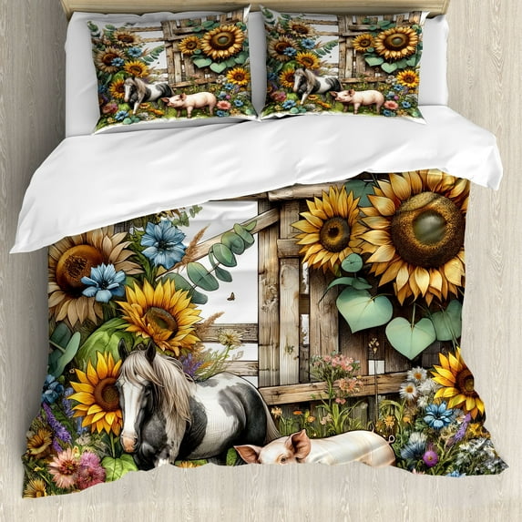 Ambesonne Rustic Duvet Cover Set, Vintage Farm Pig and Horse, Queen, Mustard Green Taupe