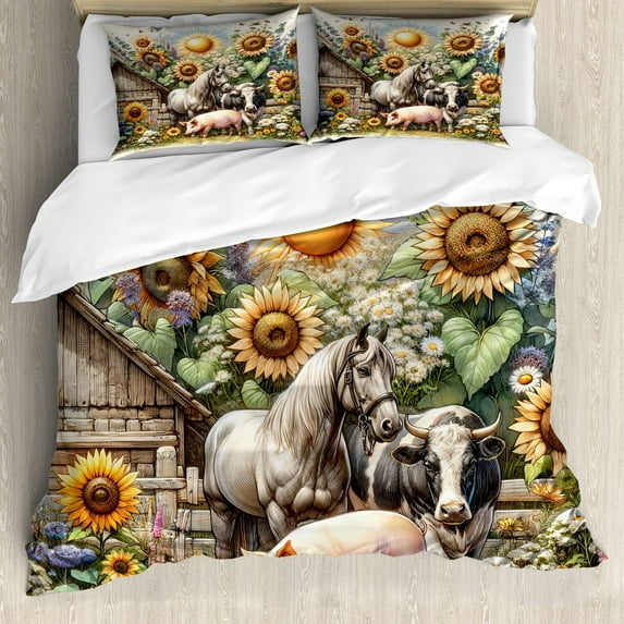 Ambesonne Rustic Duvet Cover Set, Vintage Rural Farmhouse Life, King, Earth Yellow and Multicolor