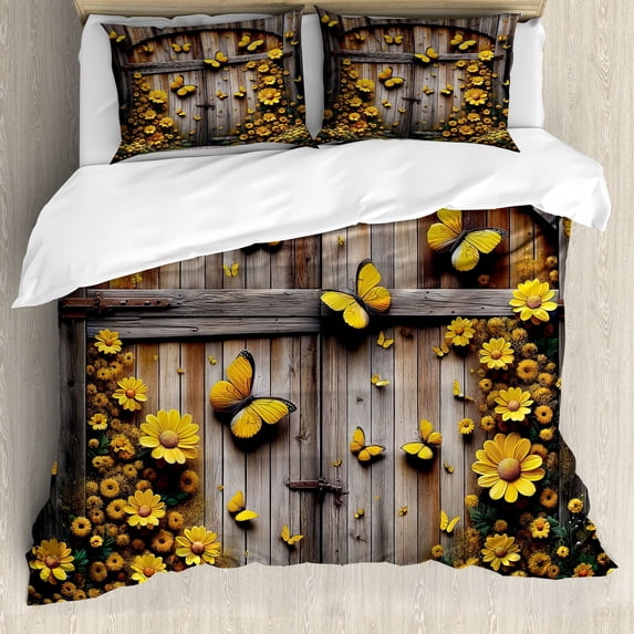 Ambesonne Rustic Duvet Cover Set, Yellow Farmhouse Romance, Queen, Mustard Taupe Caramel