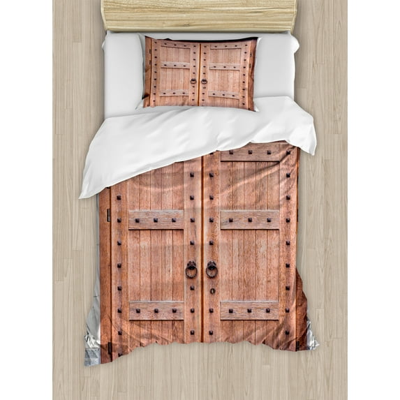 Ambesonne Rustic Duvet Cover Sets, Antique French Wood Door, 2-Twin, Brown and Cream