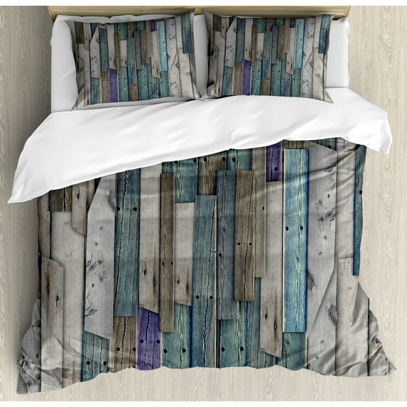 Ambesonne Rustic Duvet Cover Sets, Blue Grey Planks Grunge, 2-King, Umber Pale Teal Plum