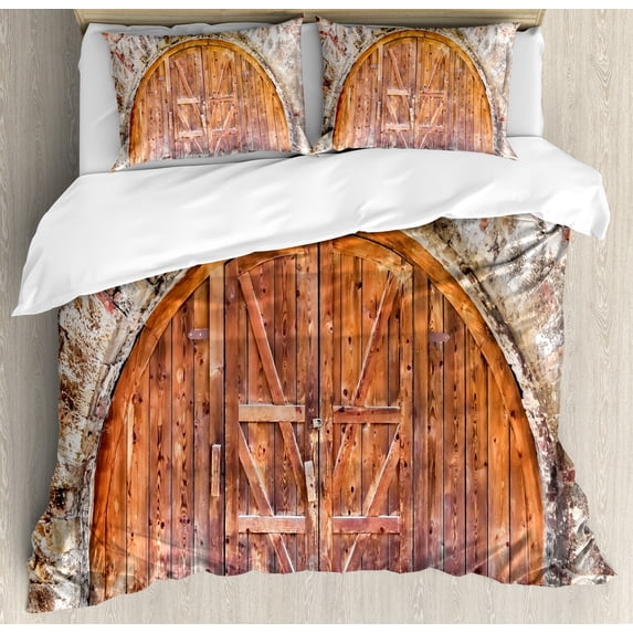Ambesonne Rustic Duvet Cover Sets, Door Vintage, 2-Queen, Grey Orange