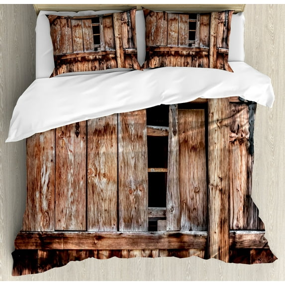 Ambesonne Rustic Duvet Cover Sets, Oak Abandoned Barn Door, 2-Queen, Pale Brown