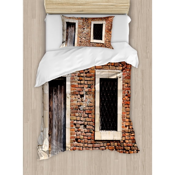 Ambesonne Rustic Duvet Cover Sets, Old House Door Brickwork, 2-Twin, Brown Cream Redwood