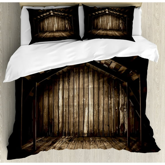 Ambesonne Rustic Duvet Cover Sets, Wooden Cottage, 2-King, Brown Dark Brown