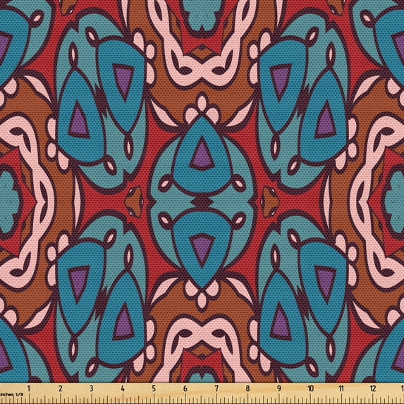 Ambesonne Rustic Fabric by the Yard Upholstery, Flora Ethnic Geometric Art, 3 Yards, Raspberry and Dark Turquoise