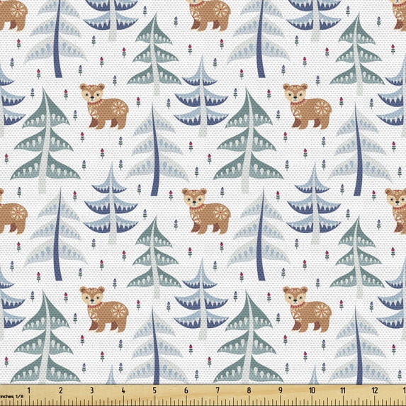 Ambesonne Rustic Fabric by the Yard Upholstery, Forest Cartoon Bear, 10 Yards, Grey Teal Pale Brown