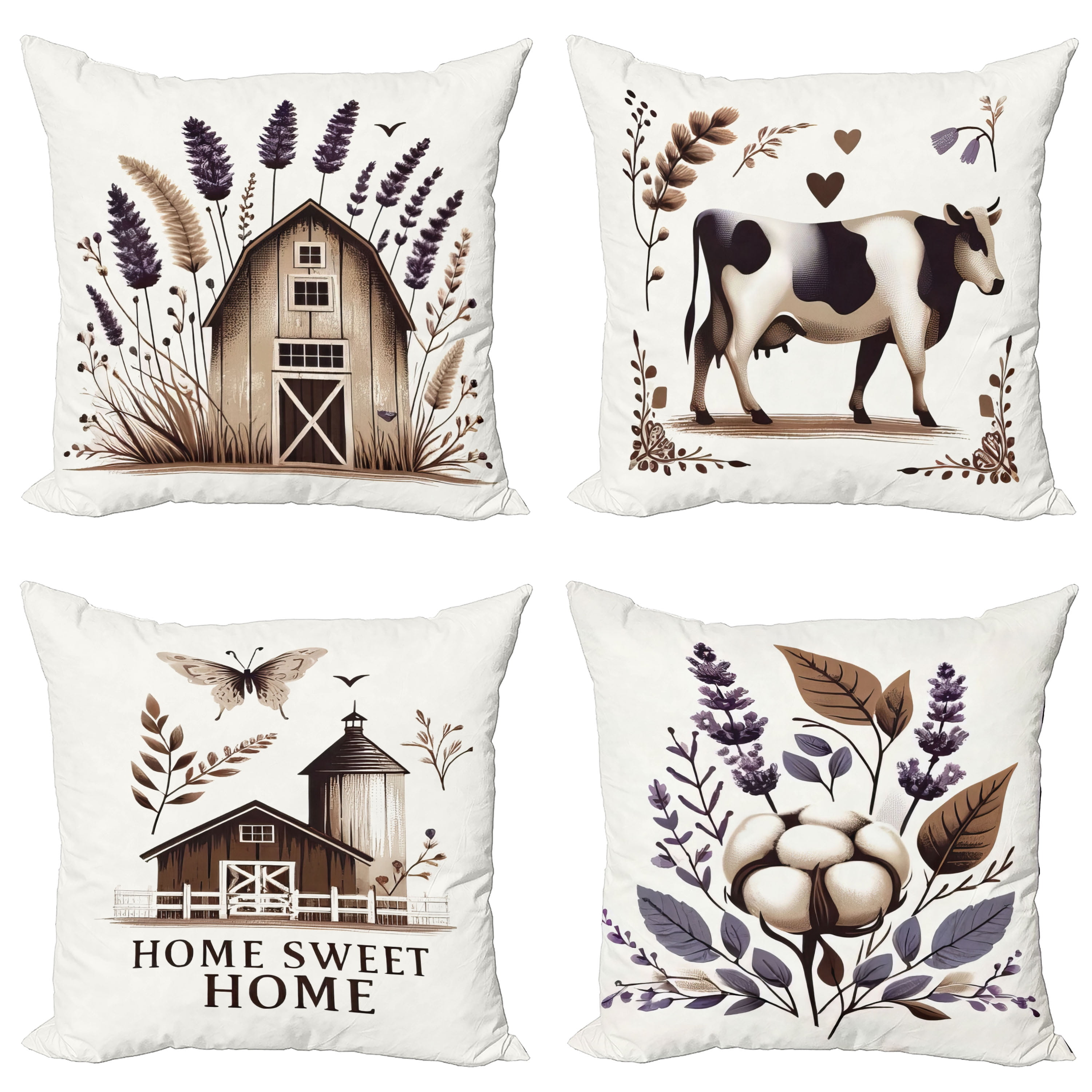 Vintage Cottage Brown Plum and White Microfiber Throw Pillow Set