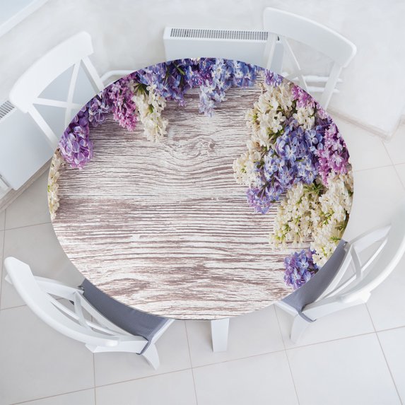 Ambesonne Rustic Fitted Round Tablecloth, Lilac Flowers Bouquet, 40"- 44" Diameter, Lilac Violet Dark Taupe
