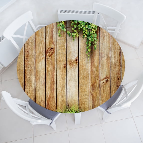 Ambesonne Rustic Fitted Round Tablecloth, Wooden Garden Fence, 36"- 40" Diameter, Green Brown