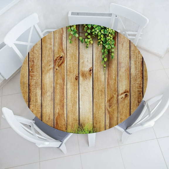 Ambesonne Rustic Fitted Round Tablecloth, Wooden Garden Fence, 56"- 60" Diameter, Green Brown