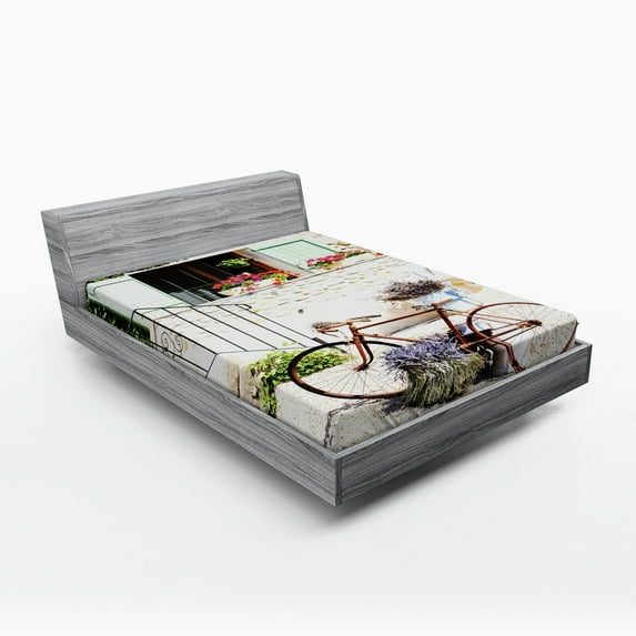 Ambesonne Rustic Fitted Sheet, Bike Flower Countryside, Full Size, Multicolor