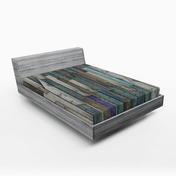 Ambesonne Rustic Fitted Sheet, Blue Grey Planks Grunge, King Size, Umber Pale Teal Plum