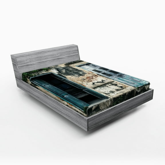 Ambesonne Rustic Fitted Sheet, Doors of Old Rock House, Queen Size, Teal Grey