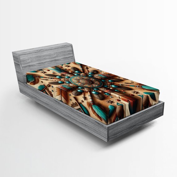 Ambesonne Rustic Fitted Sheet, Ethnic Southwestern Feathers, TwinXL Size, Redwood and Dark Turquoise