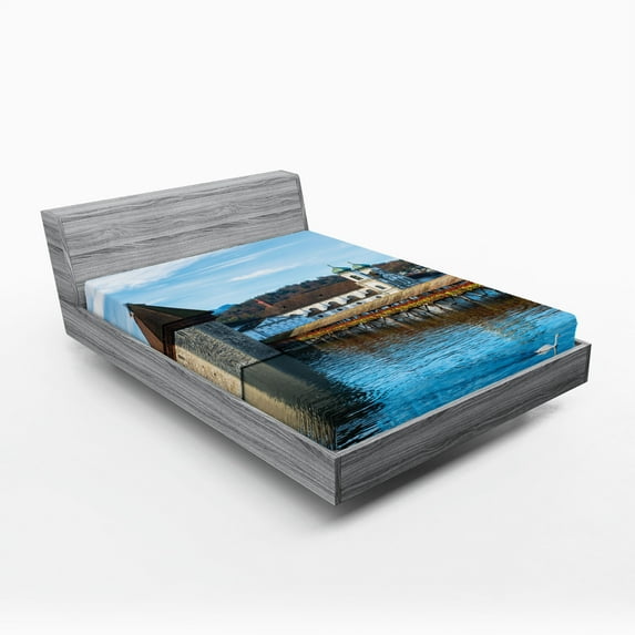 Ambesonne Rustic Fitted Sheet, European Town Bridge, Full Size, Blue Brown