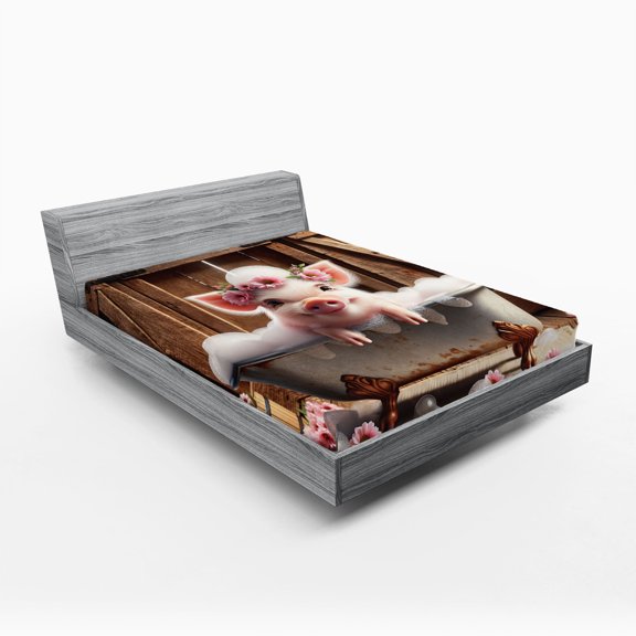 Ambesonne Rustic Fitted Sheet, Floral Pig Bubbly Barn Bath, King Size, Pink and Redwood