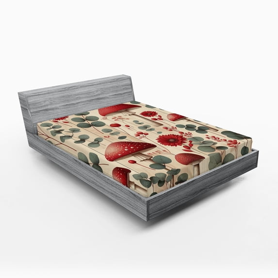Ambesonne Rustic Fitted Sheet, Floral Woodland Mushrooms, California King, Champagne Dark Coral