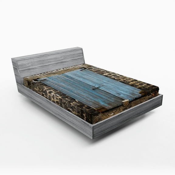 Ambesonne Rustic Fitted Sheet, Medieval Stone Wall, Full Size, Blue Grey