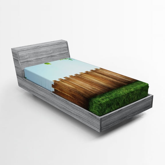 Ambesonne Rustic Fitted Sheet, Nature Yard Field Plank, Twin Size, Green Brown