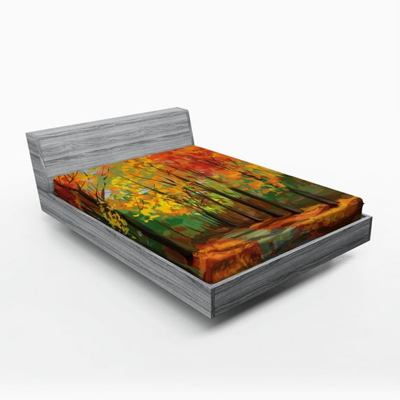 Ambesonne Rustic Fitted Sheet, North Woods with Leaves, Queen Size, Multicolor