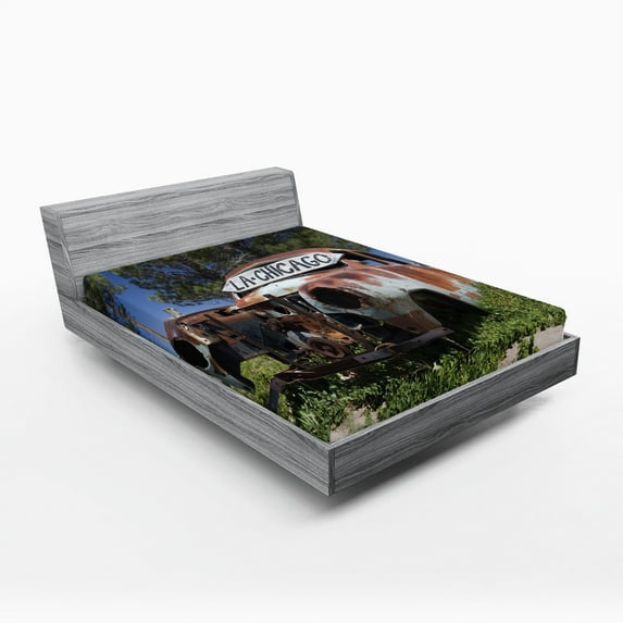 Ambesonne Rustic Fitted Sheet, Old Abandoned Car USA, Full Size, Brown Green Blue