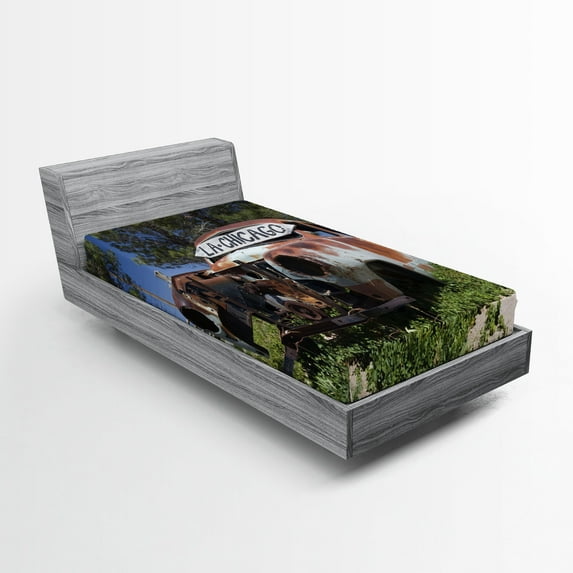 Ambesonne Rustic Fitted Sheet, Old Abandoned Car USA, Twin XL Size, Brown Green Blue