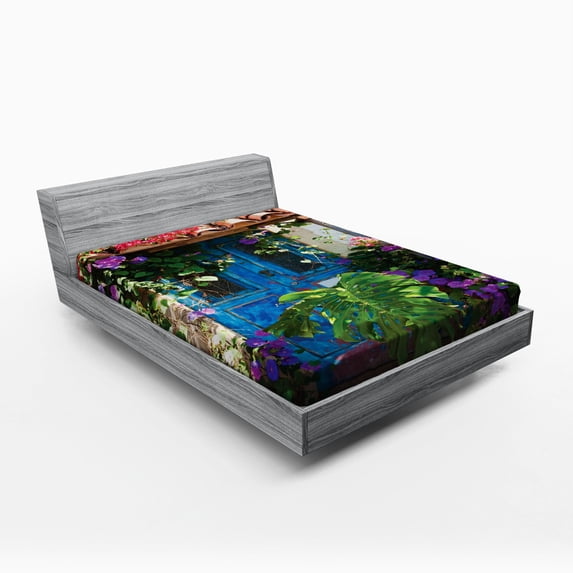 Ambesonne Rustic Fitted Sheet, Palm Leaves Scene, Queen Size, Multicolor