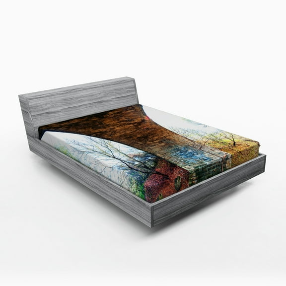 Ambesonne Rustic Fitted Sheet, Pillar of Stone Bridge, Full Size, Brown Green