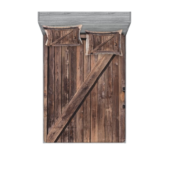 Ambesonne Rustic Fitted Sheet & Pillow Sham Set, Aged Door Vintage Rural, Calking, Brown