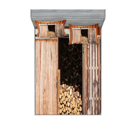 Ambesonne Rustic Fitted Sheet & Pillow Sham Set, Barn with Firewood Rural, Queen, Orange Brown