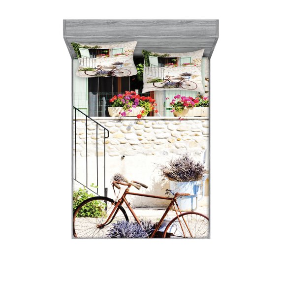 Ambesonne Rustic Fitted Sheet & Pillow Sham Set, Bike Flower Countryside, Queen, Multicolor