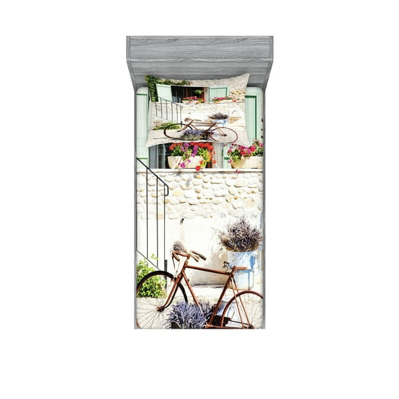 Ambesonne Rustic Fitted Sheet & Pillow Sham Set, Bike Flower Countryside, Twin, Multicolor