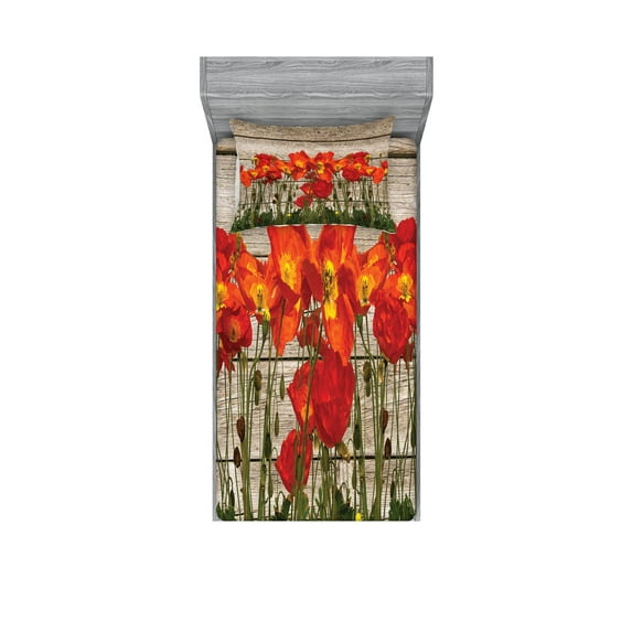 Ambesonne Rustic Fitted Sheet & Pillow Sham Set, Blooming Poppy Flowers, Twin, Orange Brown