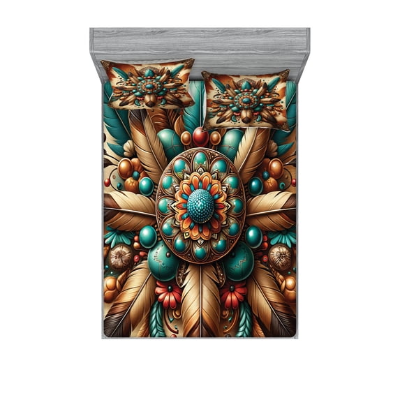 Ambesonne Rustic Fitted Sheet & Pillow Sham Set, Boho Earthy Feathers Mandala, Queen, Teal Cinnamon Brown
