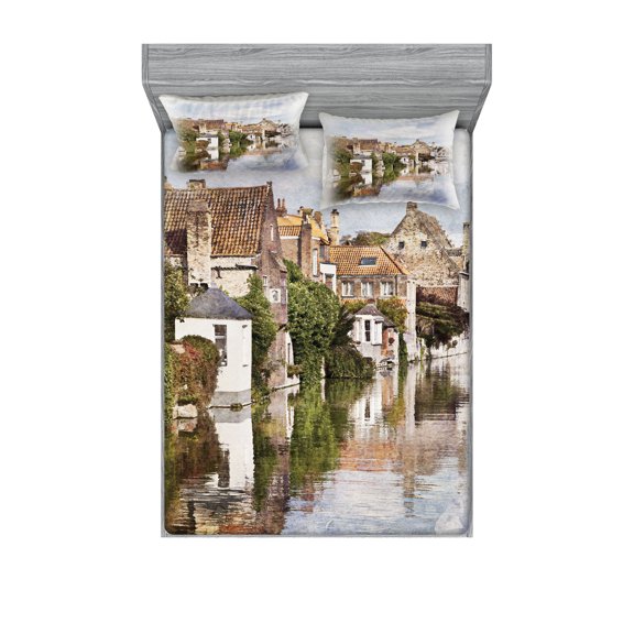 Ambesonne Rustic Fitted Sheet & Pillow Sham Set, Brugge Canal View, Queen, Multicolor